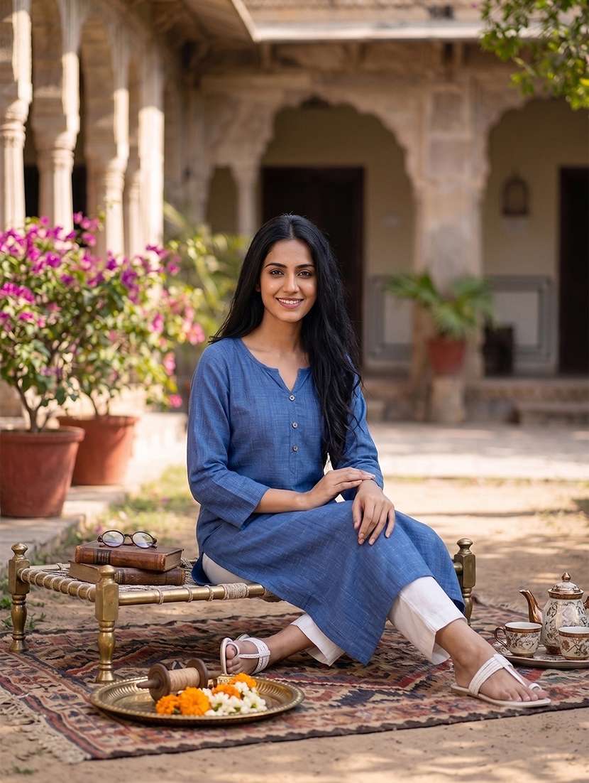 Women Solid Three Quarter Sleeves Straight Kurta - 22582483 -  Standard Image - 6