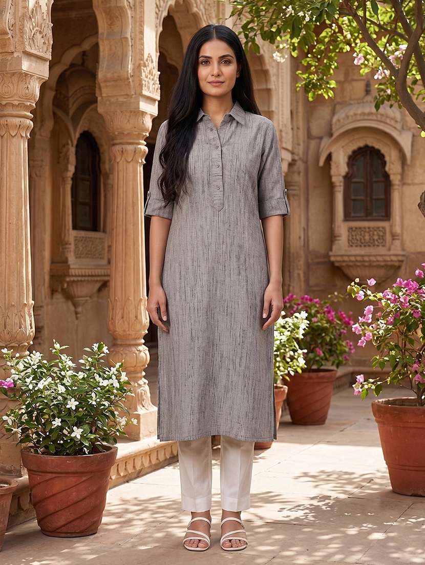 women printed short sleeves straight kurta