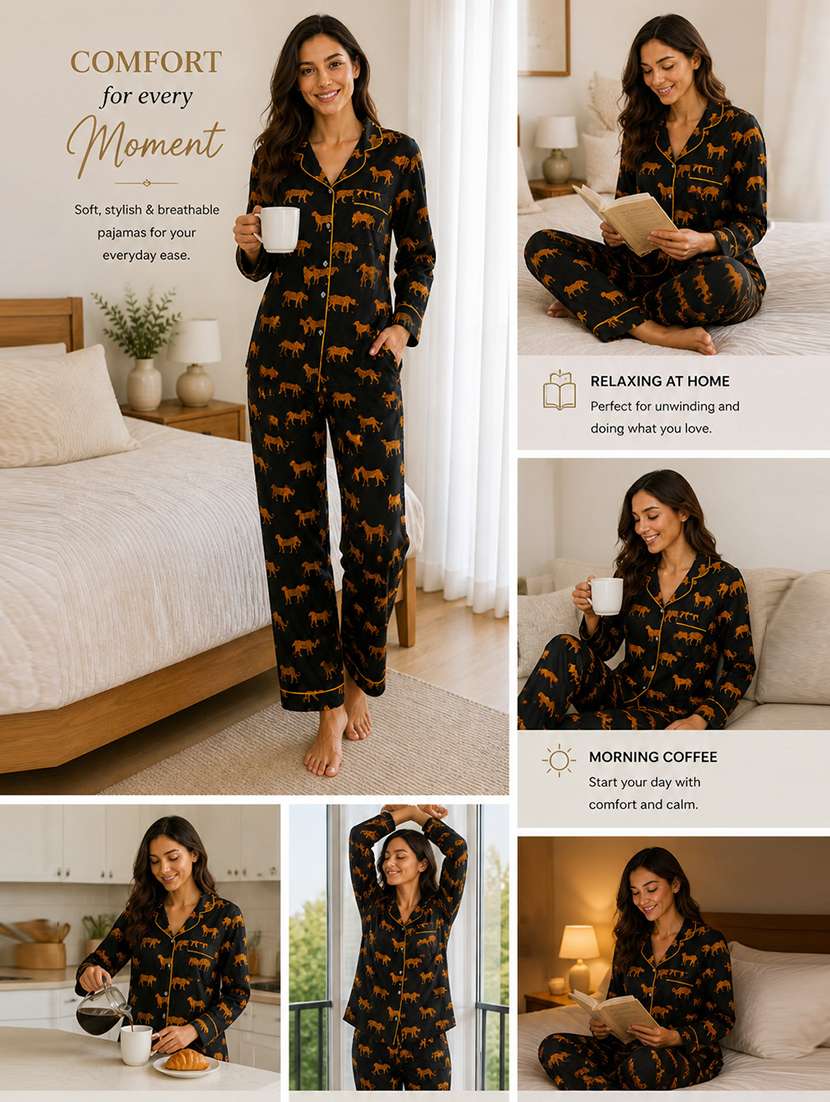women printed long sleeves pyjama set - 22582519 -  Standard Image - 6