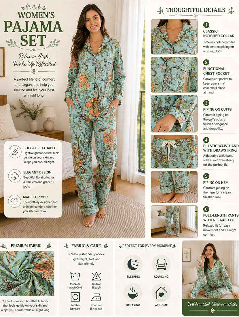 women printed long sleeves pyjama set - 22582520 -  Standard Image - 6