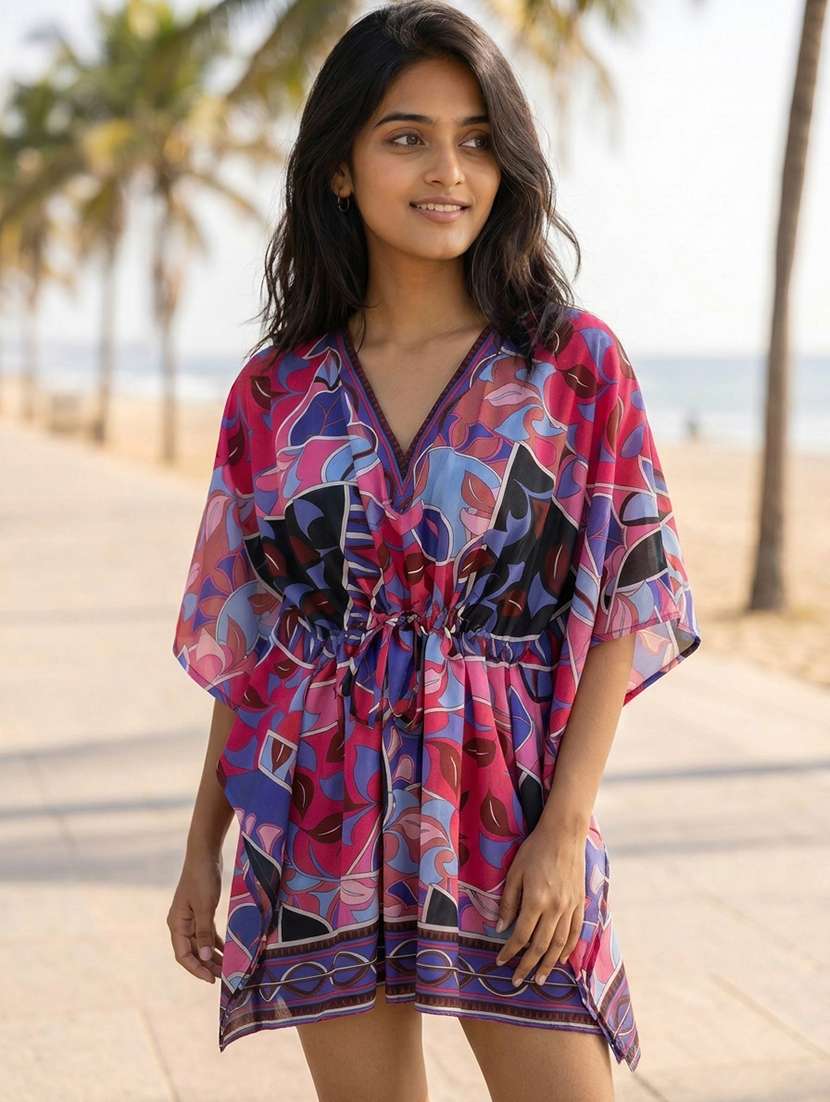 women printed v neck kaftan dress