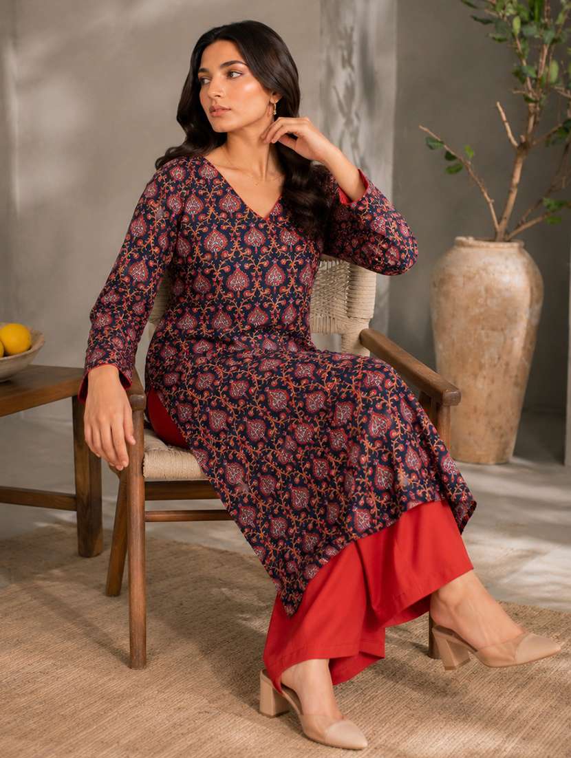 women printed long sleeve kurta pant set - 22582824 -  Standard Image - 4