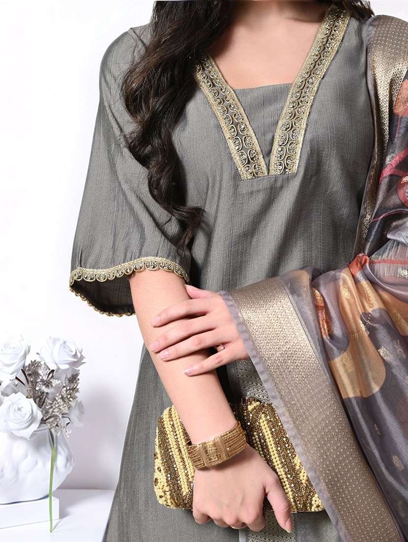 women solid bell sleeve kurta pant with dupatta set - 22583257 -  Standard Image - 1