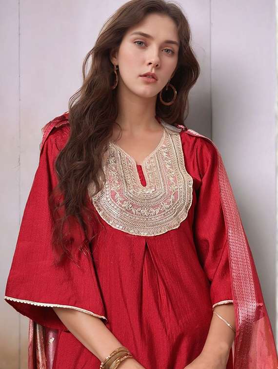 Women Solid With Work Bell Sleeve Kurta Pant With Dupatta Set - 22583269 -  Standard Image - 1