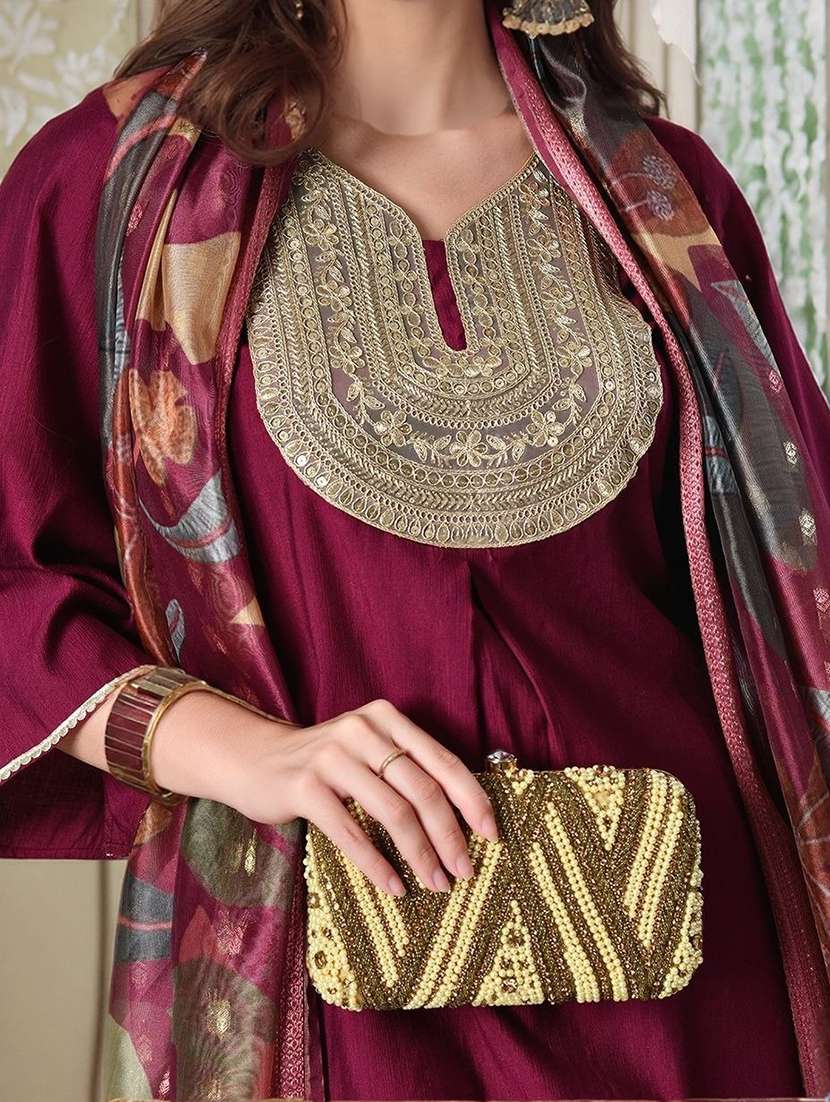 women solid with work bell sleeve kurta pant with dupatta set - 22583287 -  Standard Image - 1