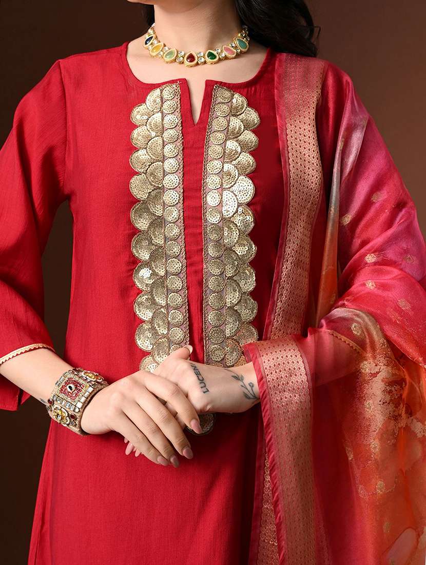 women solid with work bell sleeve kurta palazzo with dupatta set - 22583331 -  Standard Image - 1