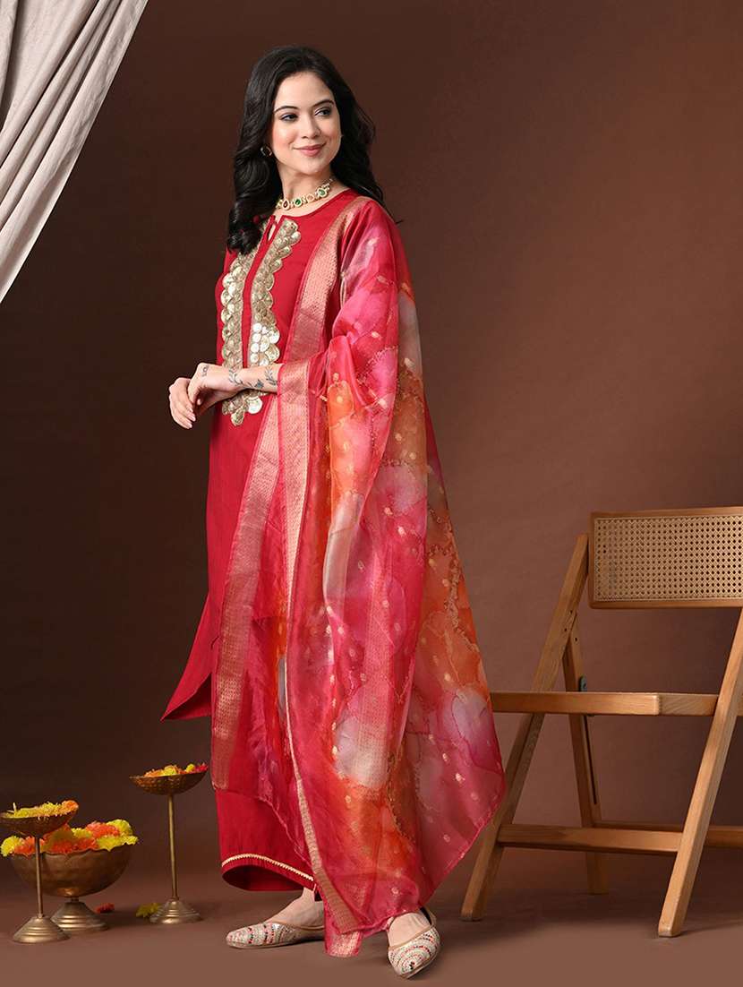 women solid with work bell sleeve kurta palazzo with dupatta set - 22583331 -  Standard Image - 4