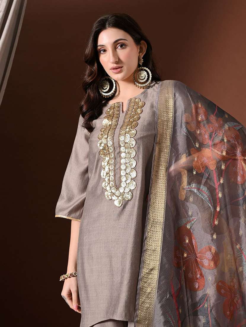 women solid with work bell sleeve kurta palazzo with dupatta set - 22583337 -  Standard Image - 1