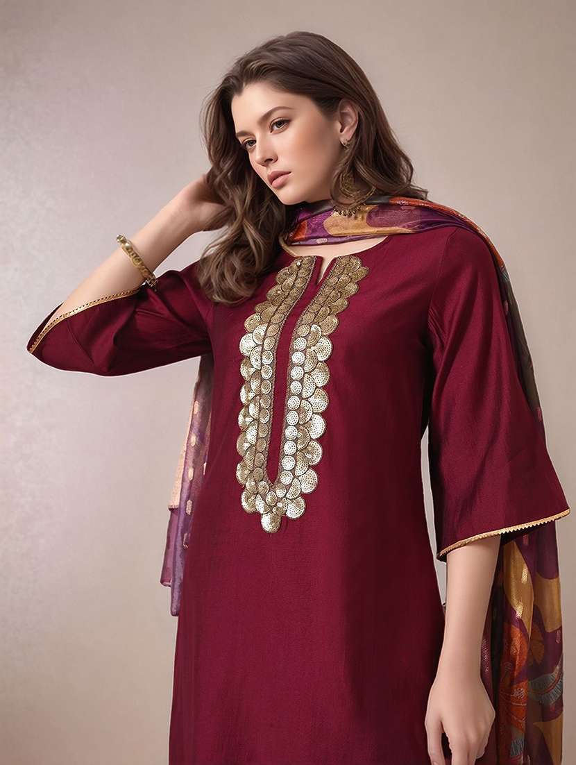 women solid with work notch neck kurta pant with dupatta set - 22583346 -  Standard Image - 1