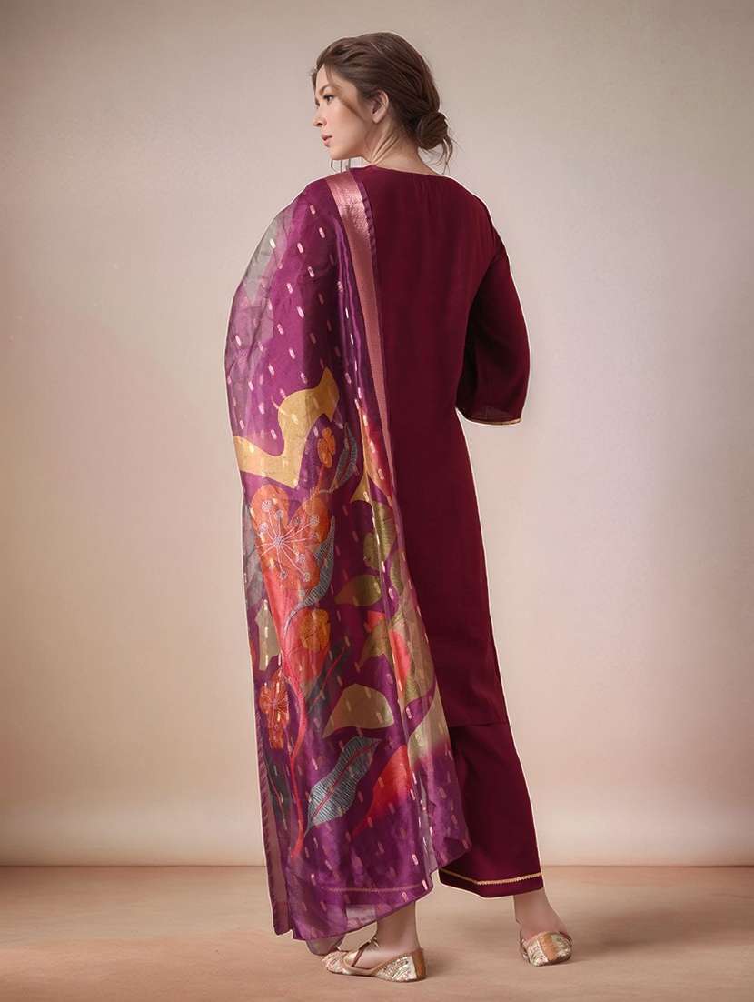 women solid with work notch neck kurta pant with dupatta set - 22583346 -  Standard Image - 4