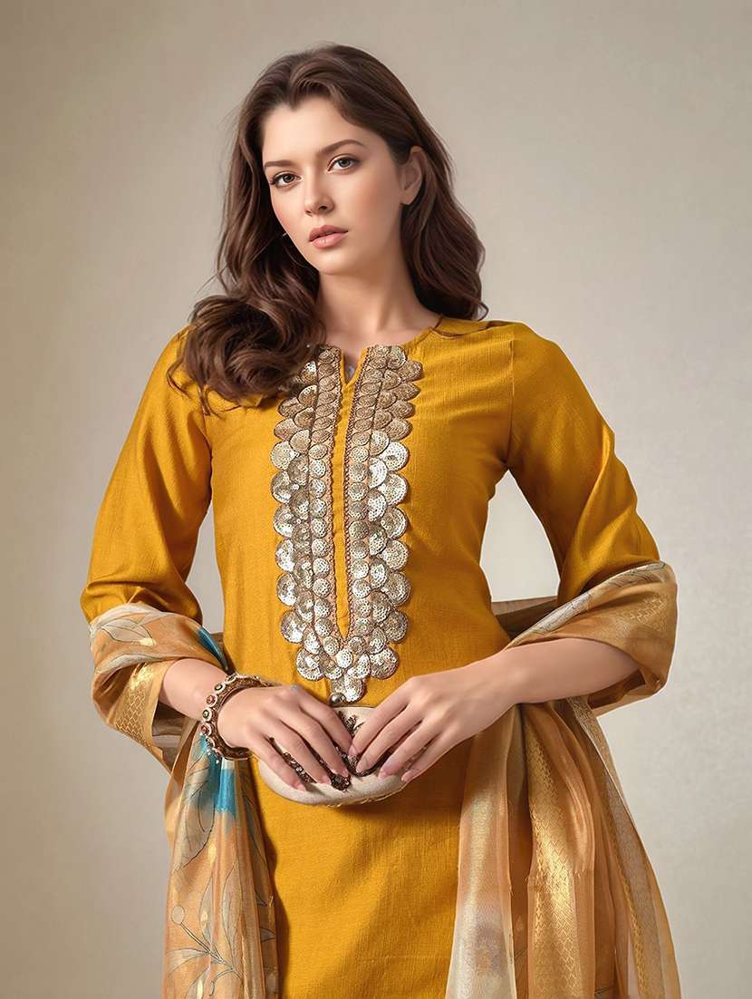women solid with work notch neck kurta pant with dupatta set - 22583347 -  Standard Image - 1