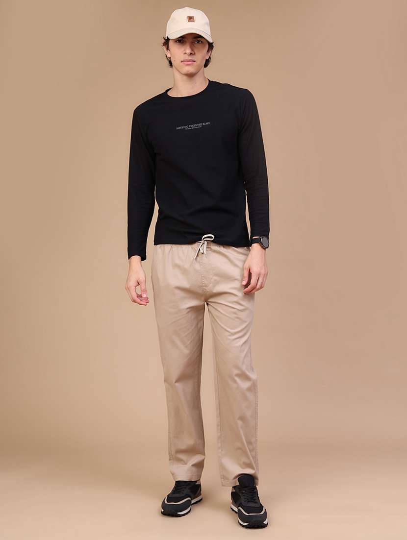 men solid mid rise flat front casual trouser