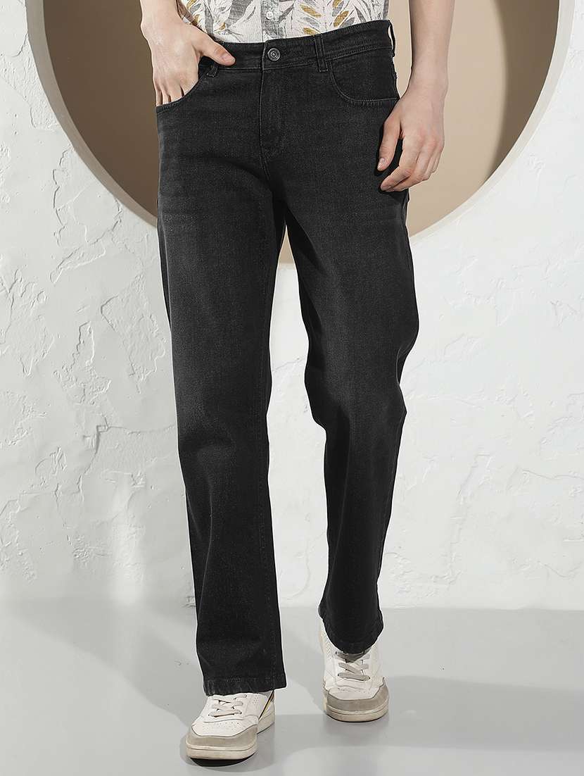 men washed mid rise full length straight jeans