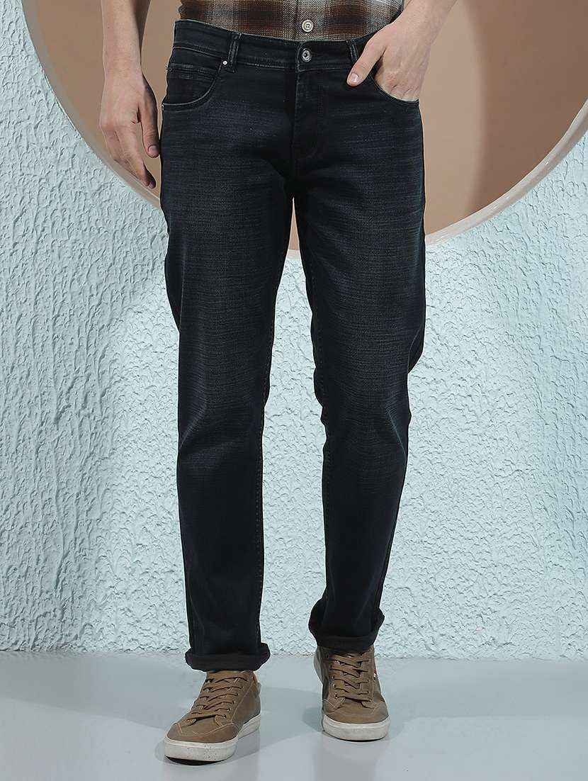 men washed mid rise full length tapered jeans