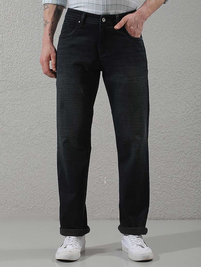 men washed mid rise full length straight jeans