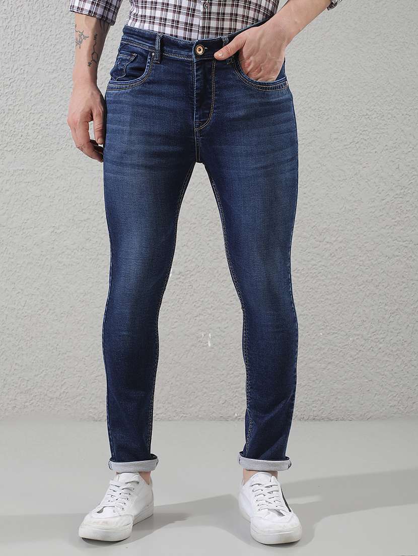 men washed mid rise full length skinny fit jeans