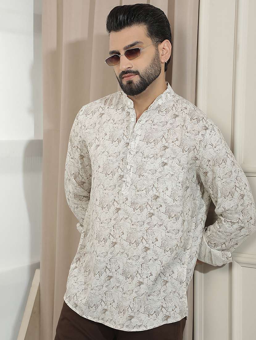 men printed mandarin neck short kurta