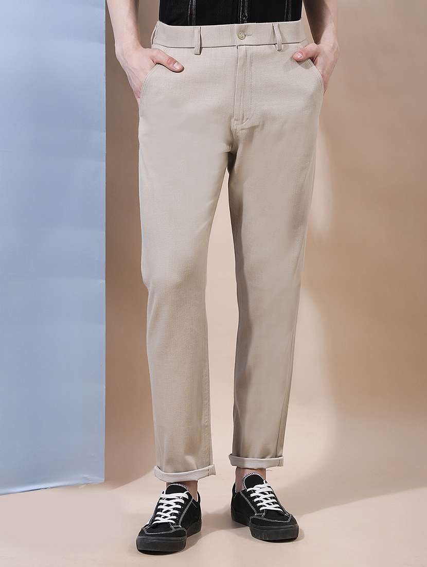 men solid mid rise chinos casual trouser