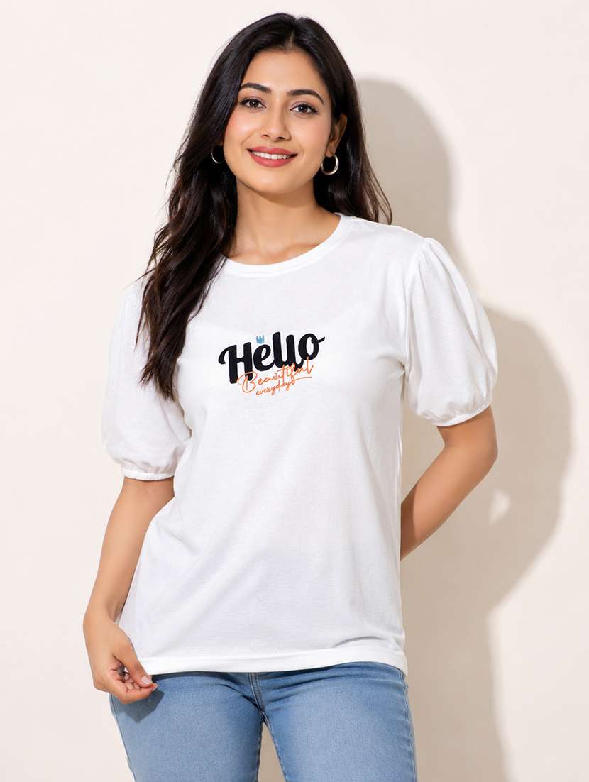 women printed puff sleeves regular fit t-shirt - 22587269 -  Standard Image - 1