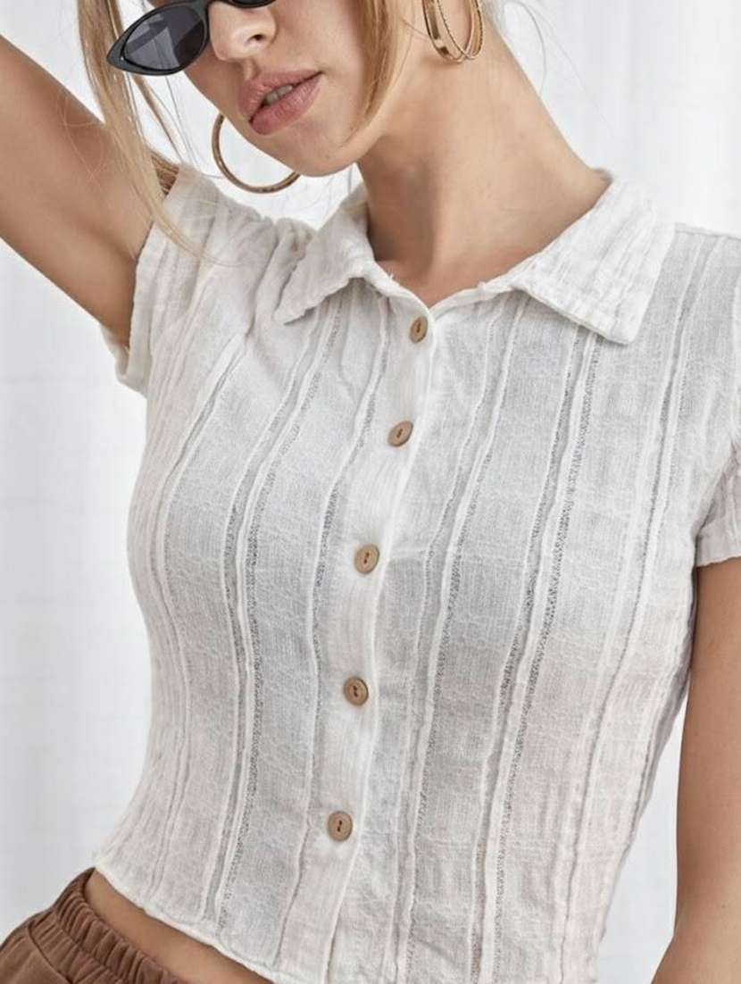 Women Self Design Short Sleeves Crop Top - 22587290 -  Standard Image - 1