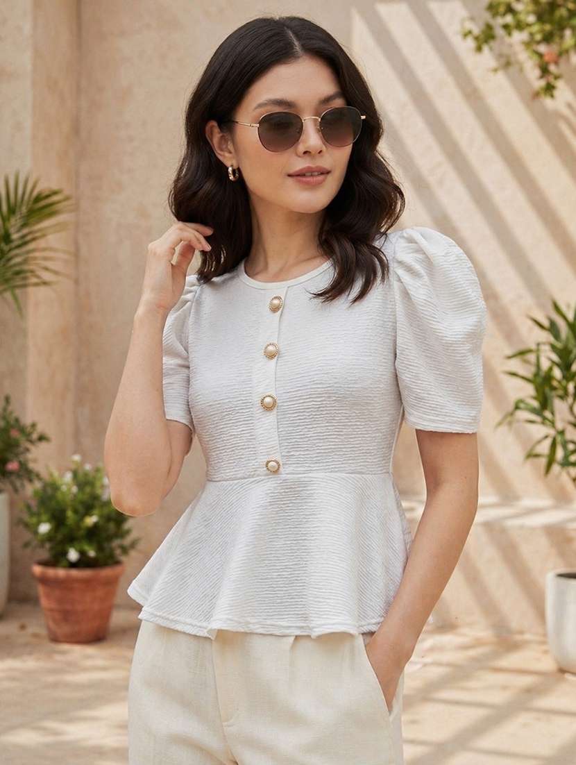 women self design puff sleeves peplum top