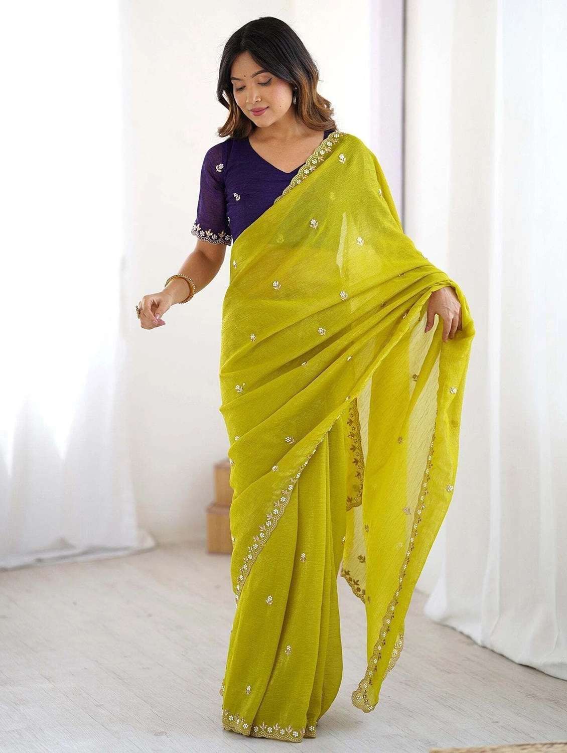 women solid with work embroidered saree with blouse - 22587538 -  Standard Image - 1