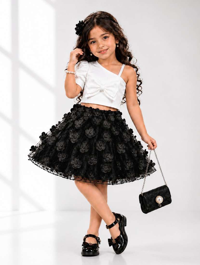 girls solid with work puff sleeves top and skirt set - 22587599 -  Standard Image - 1