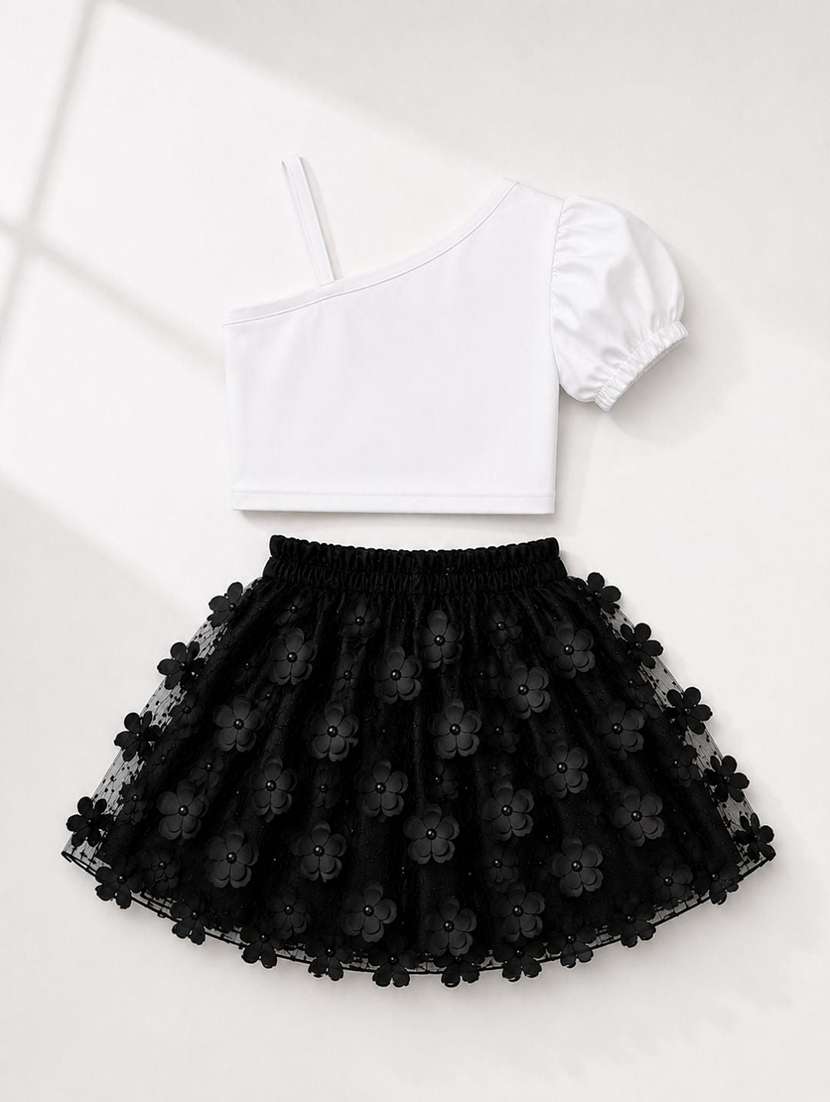 girls solid with work puff sleeves top and skirt set - 22587599 -  Standard Image - 4
