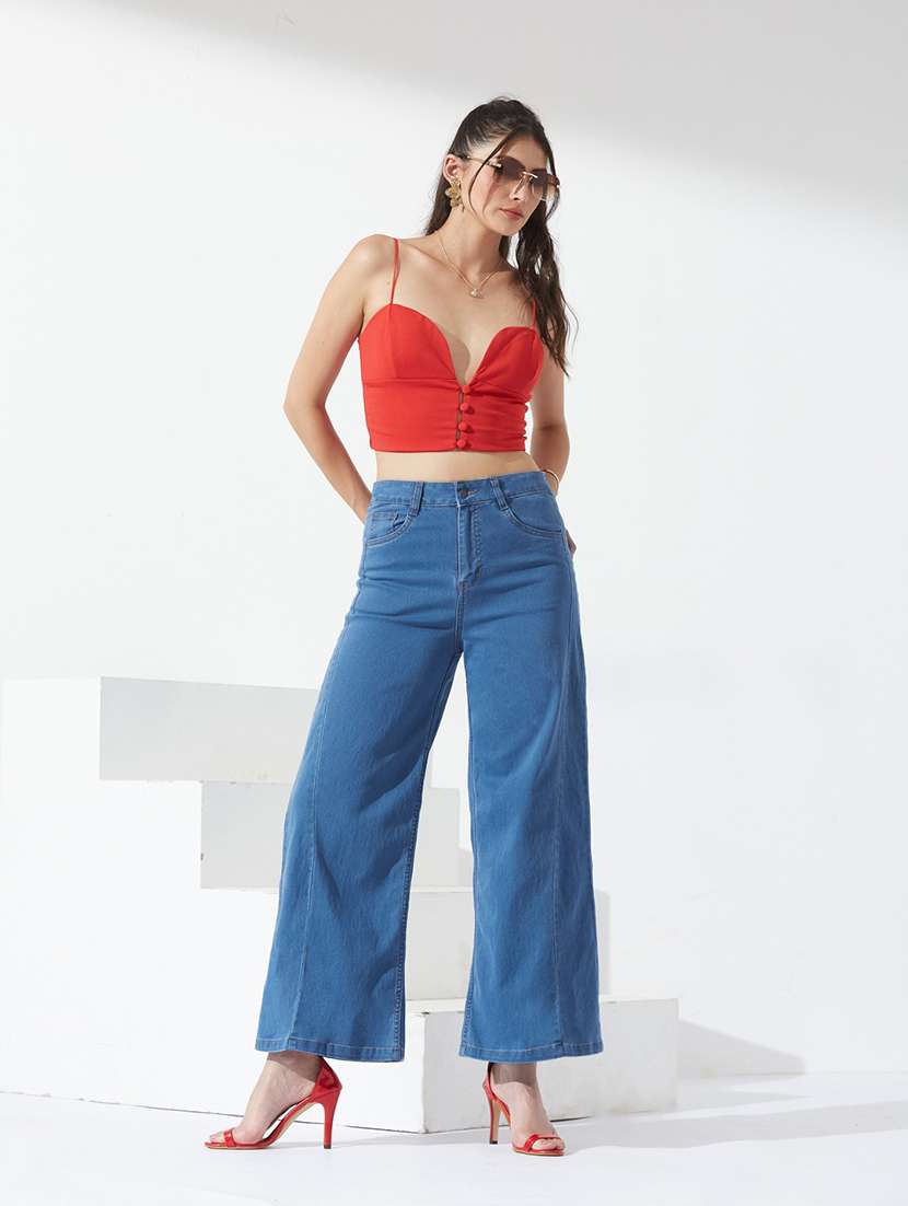 women solid high rise wide leg jeans - 22587638 -  Standard Image - 4