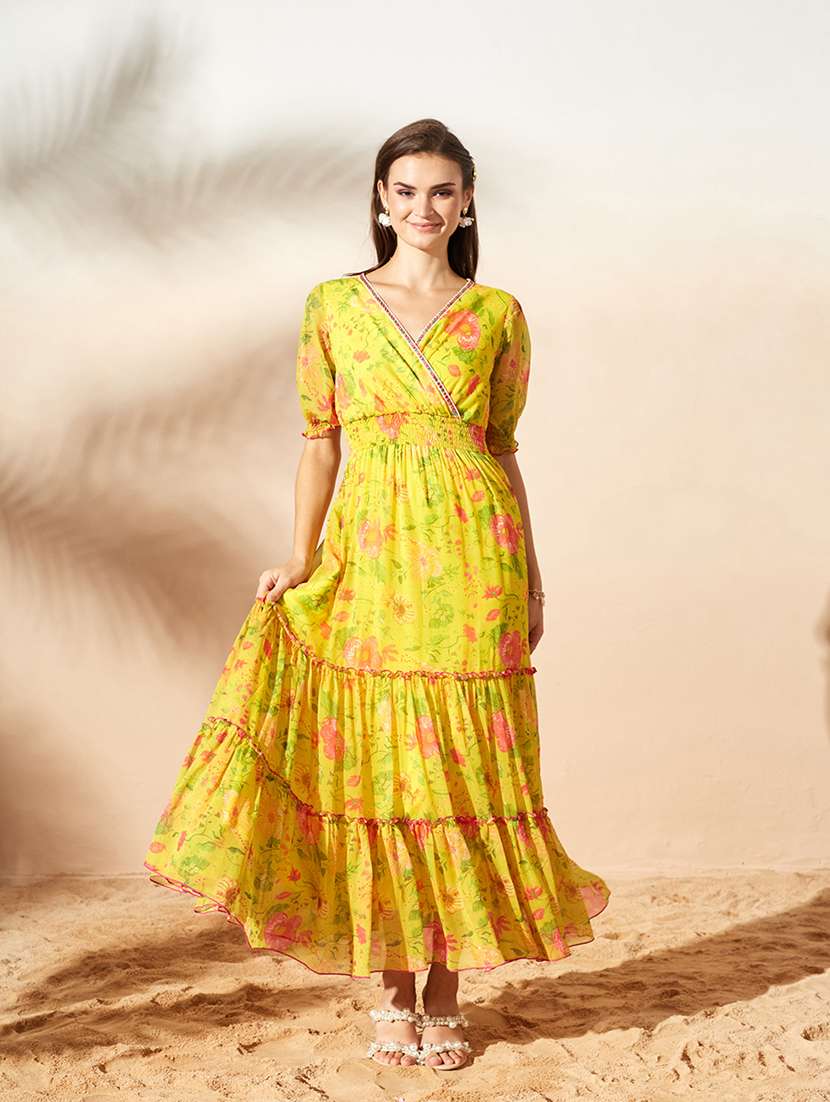 women printed puff sleeves tiered dress
