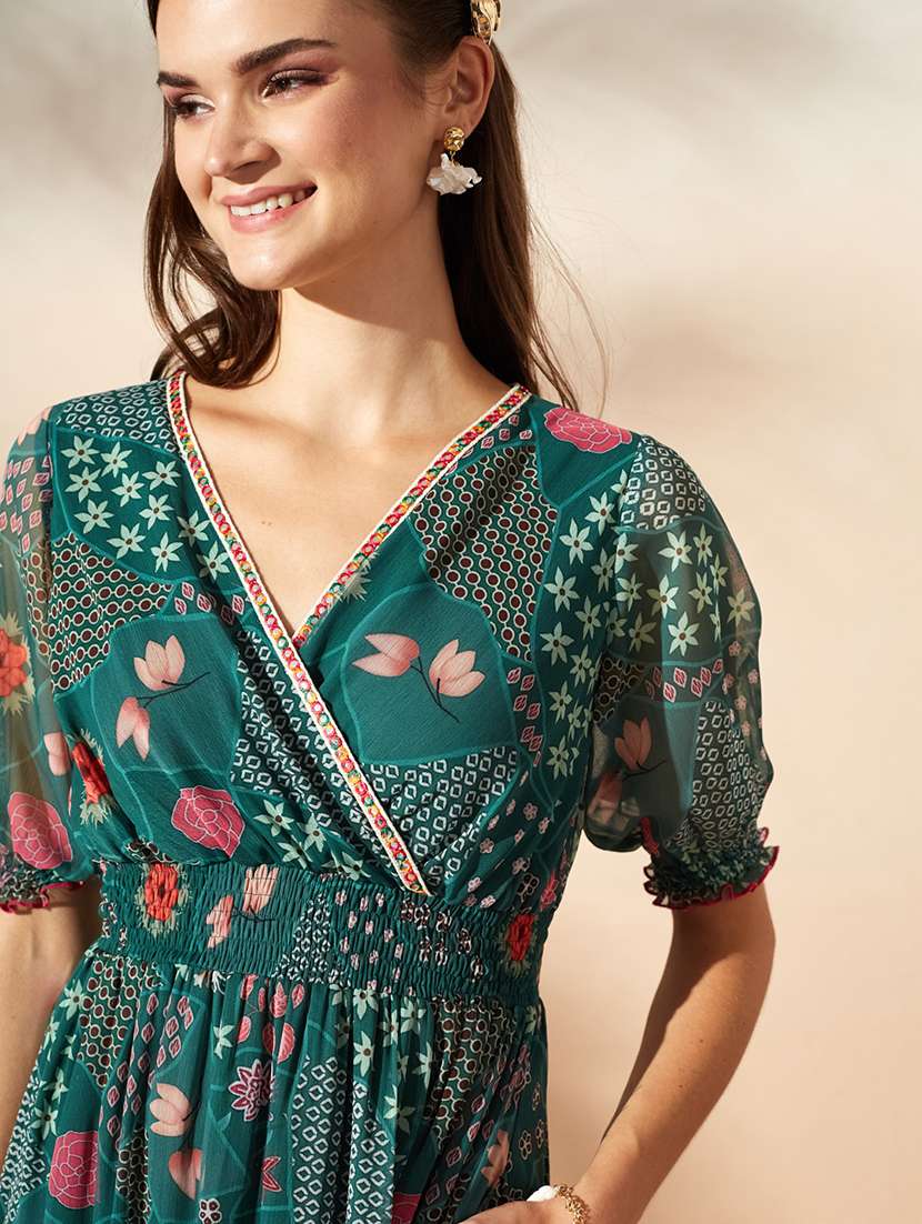 women printed puff sleeves tiered dress - 22587745 -  Standard Image - 1