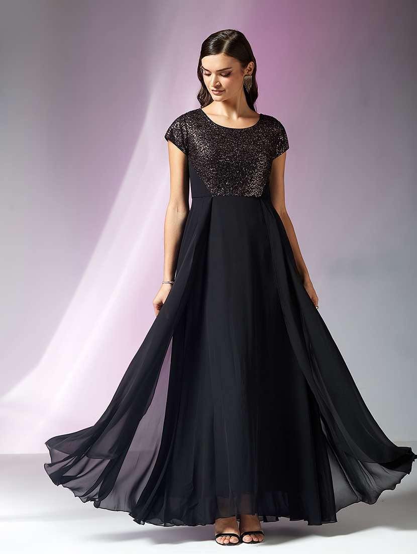 women sequined cap sleeves fit and flare gown
