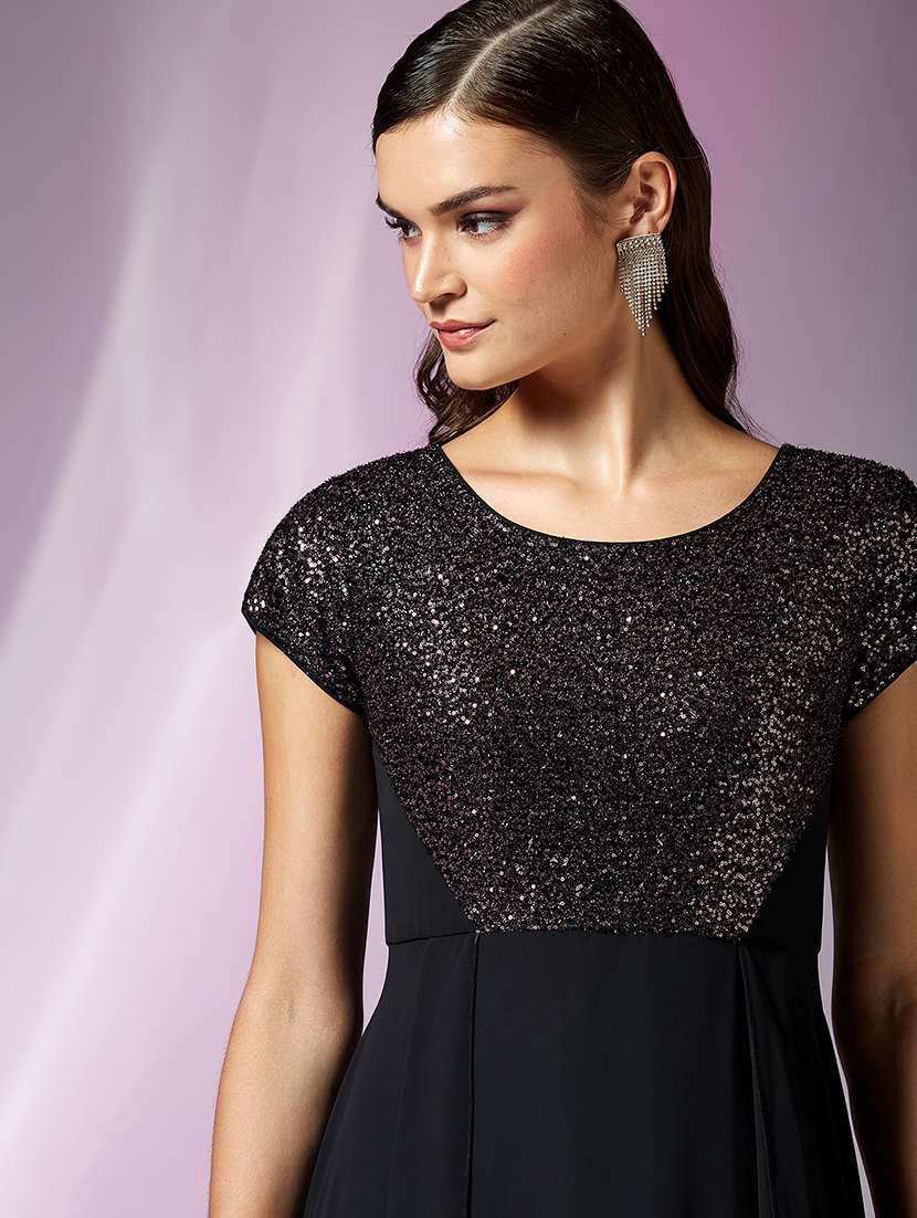 women sequined cap sleeves fit and flare gown - 22587753 -  Standard Image - 1