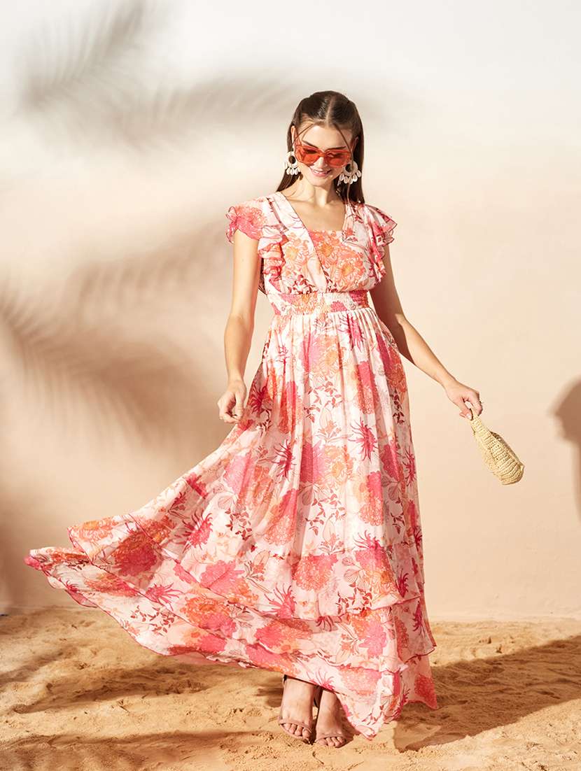 women printed ruffle sleeves tiered dress