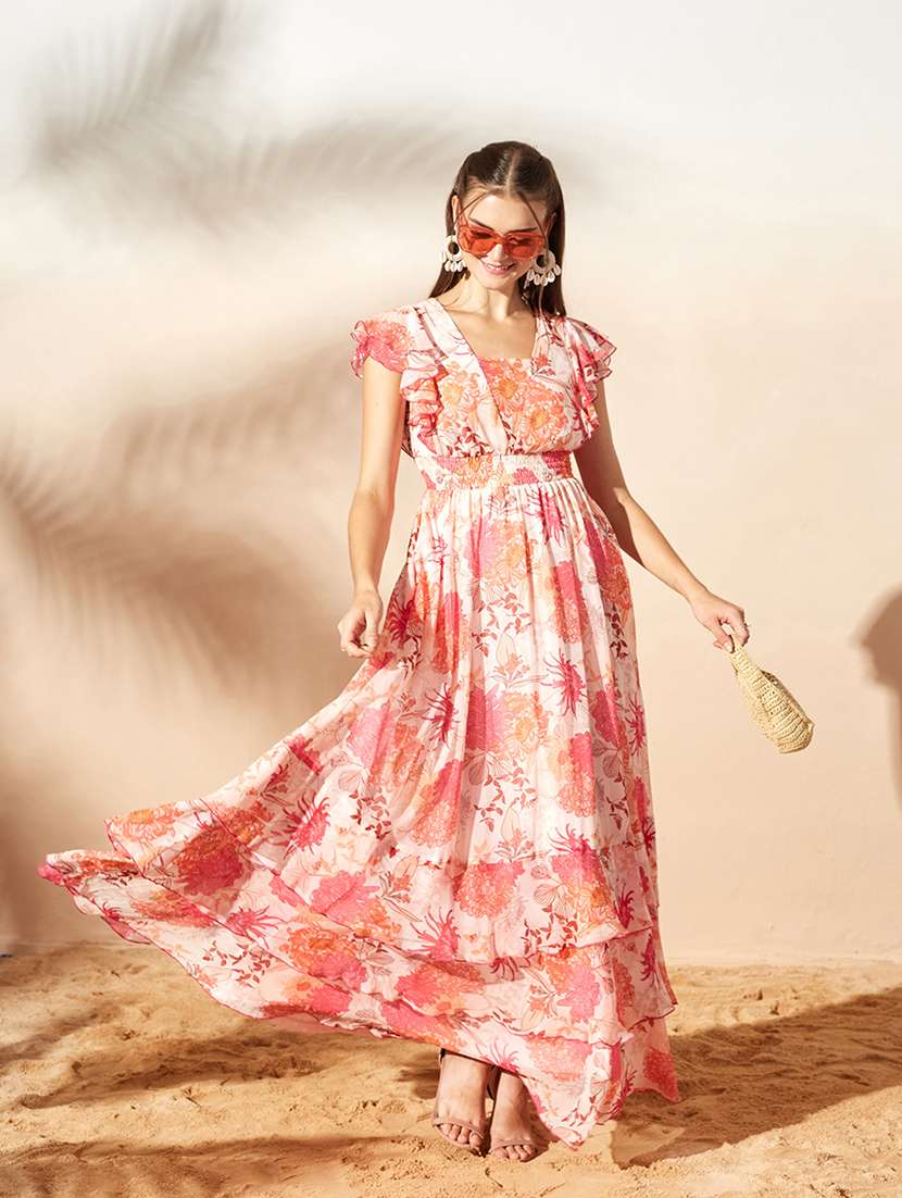 women printed ruffle sleeves tiered dress - 22587774 -  Standard Image - 1