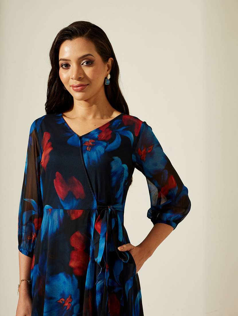 Women Printed Three Quarter Sleeves Wrap Dress - 22587787 -  Standard Image - 1