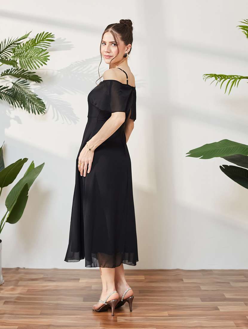 women solid cold shoulder fit and flare dress - 22587799 -  Standard Image - 4