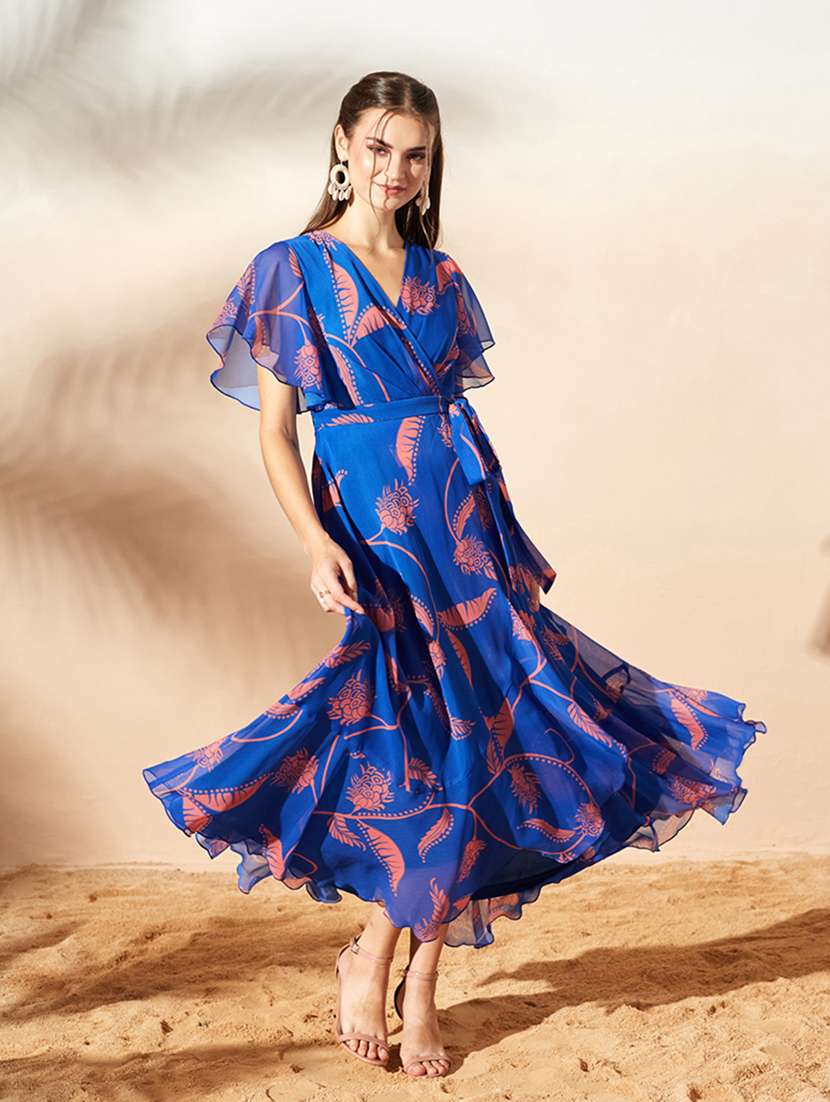 women printed flared sleeves wrap dress