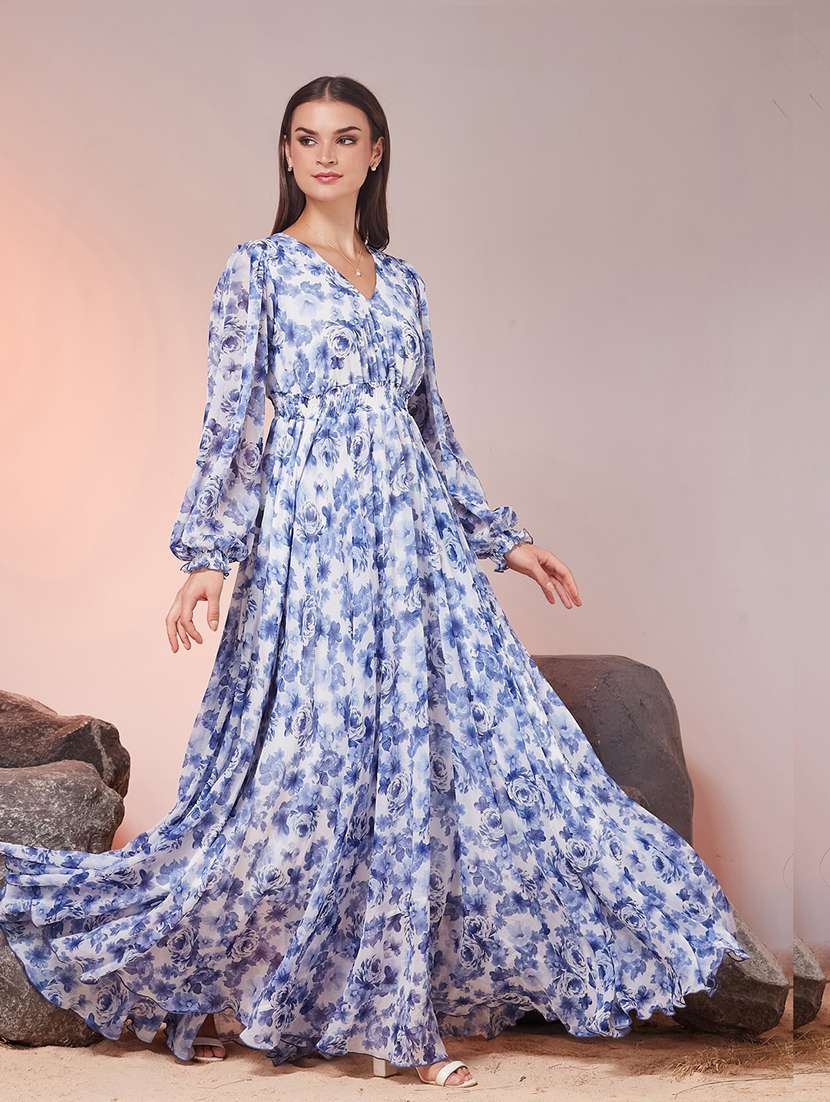 women printed bishop sleeves fit and flare dress