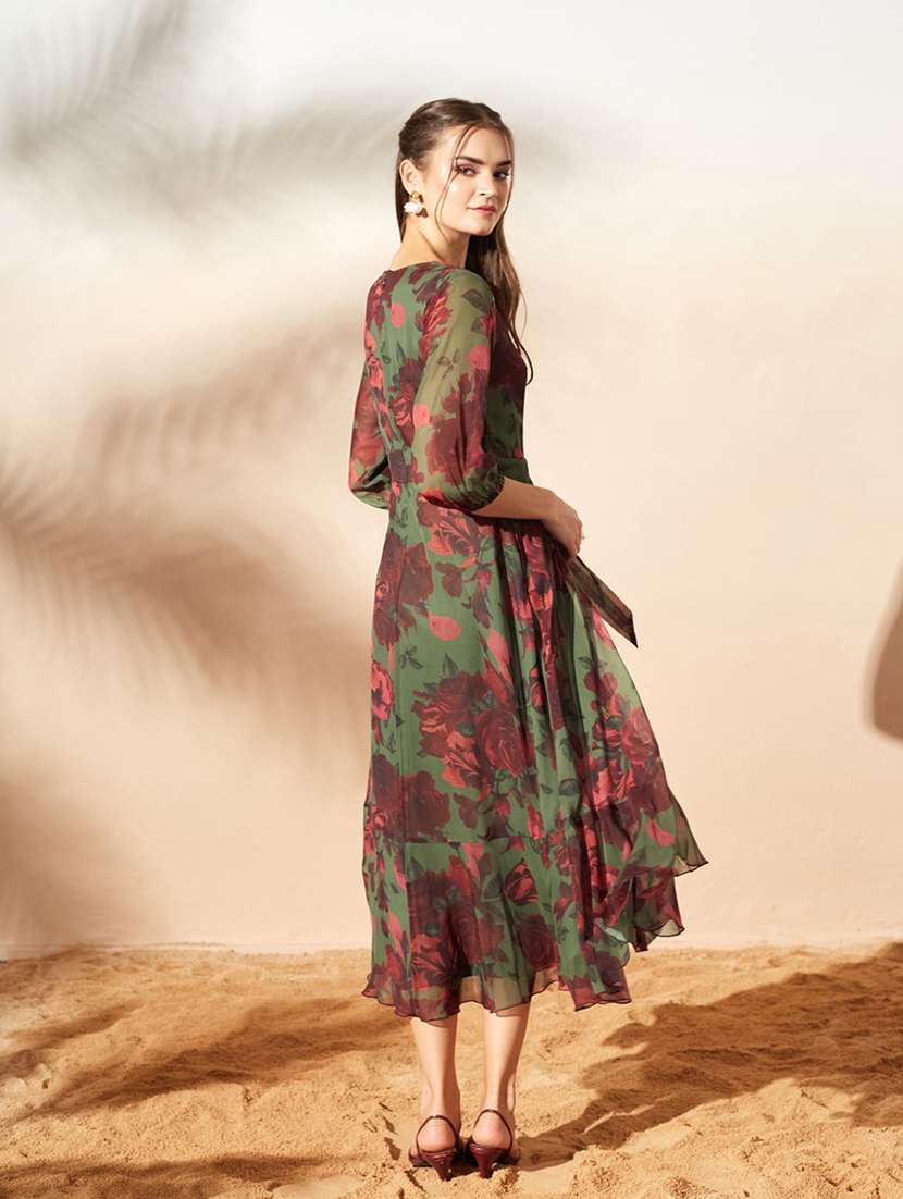 Women Printed Three Quarter Sleeves Wrap Dress - 22587834 -  Standard Image - 4