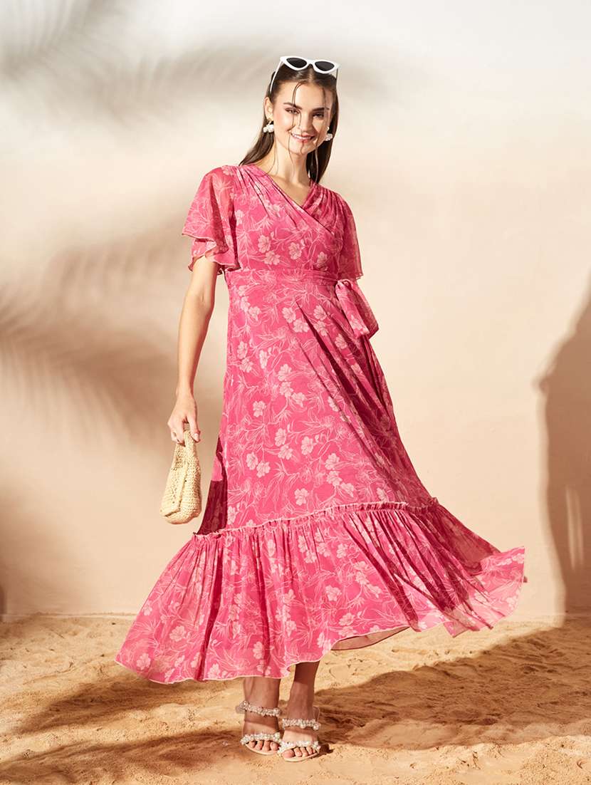 women printed flared sleeves tiered dress