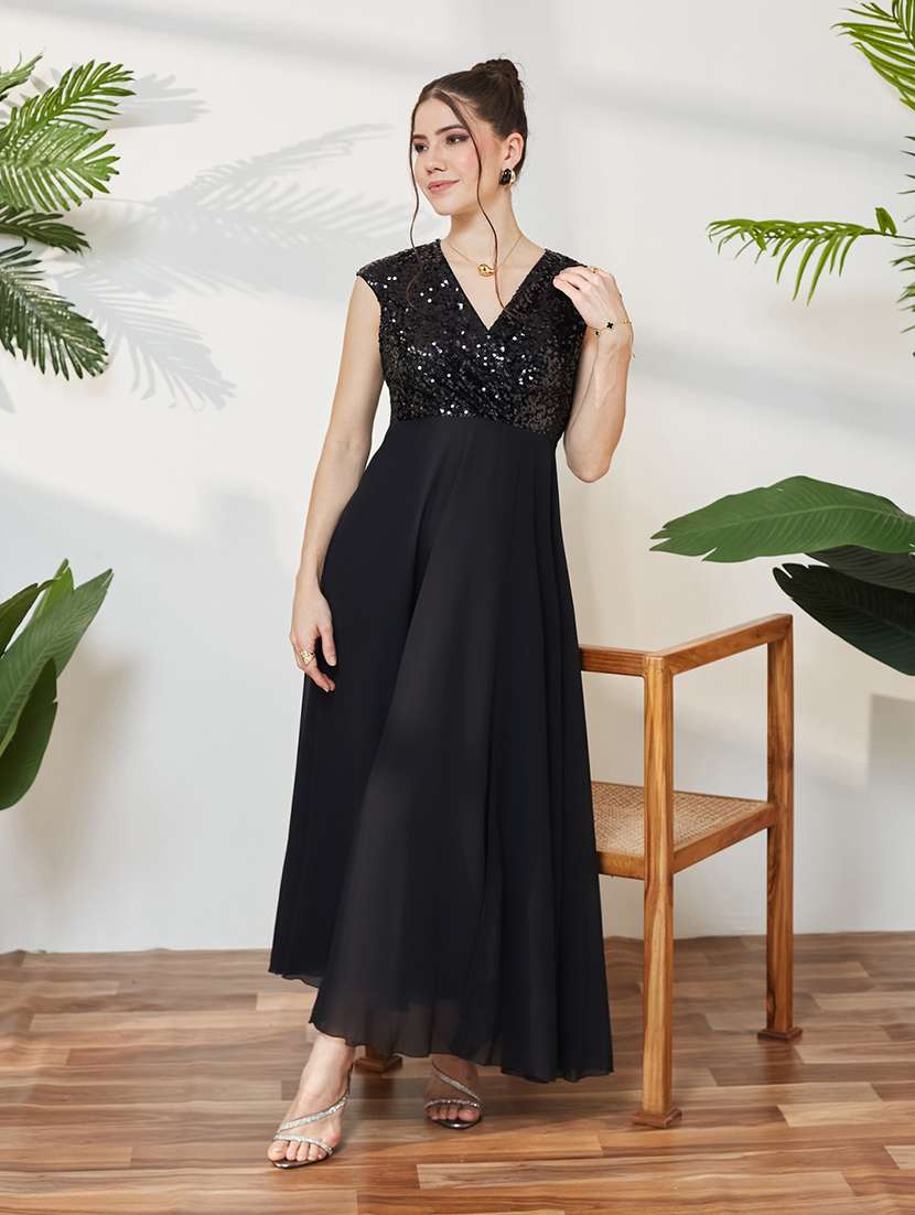 women sequined cap sleeves fit and flare dress