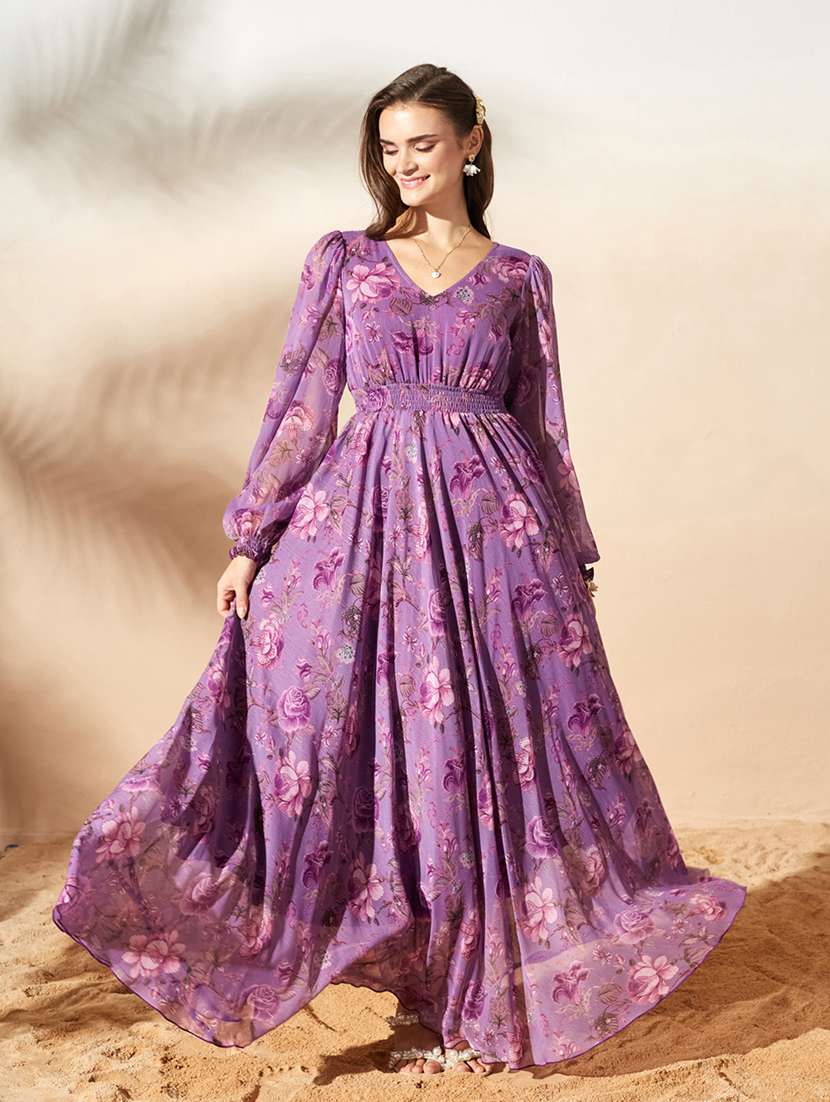 women printed bishop sleeves fit and flare dress - 22587860 -  Standard Image - 1