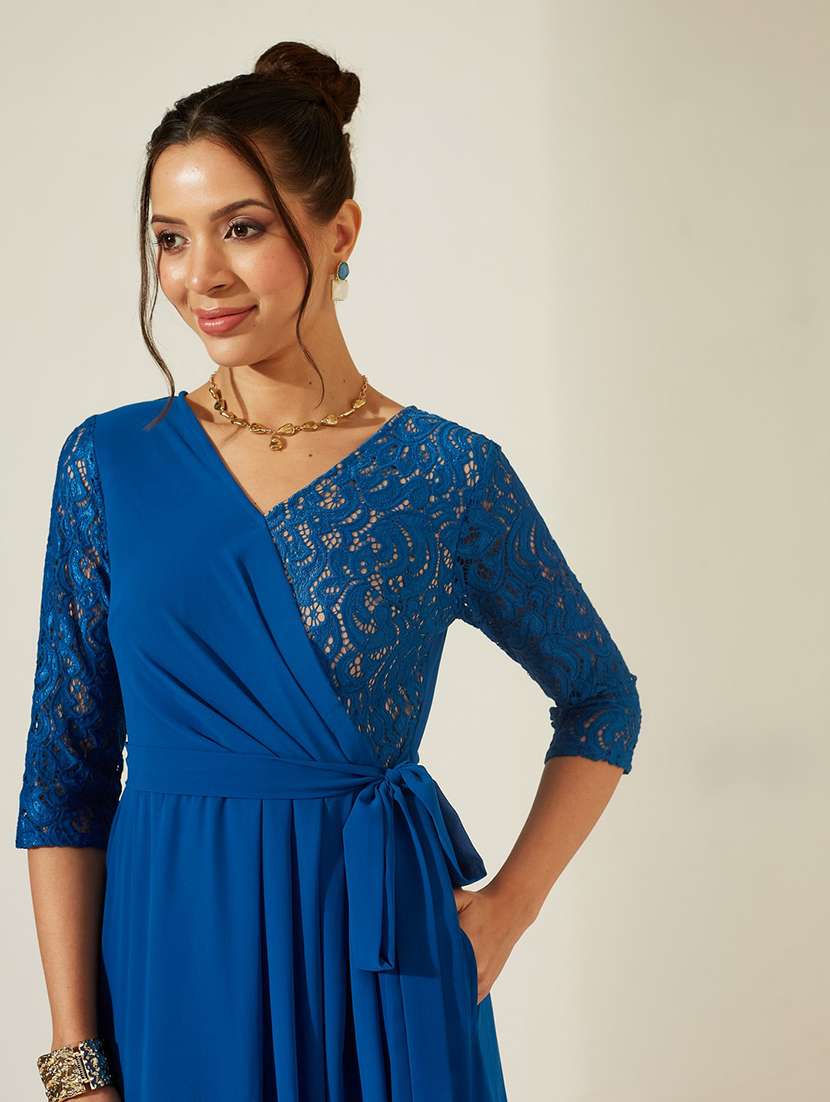 Women Self Design Three Quarter Sleeves Wrap Dress - 22587865 -  Standard Image - 1