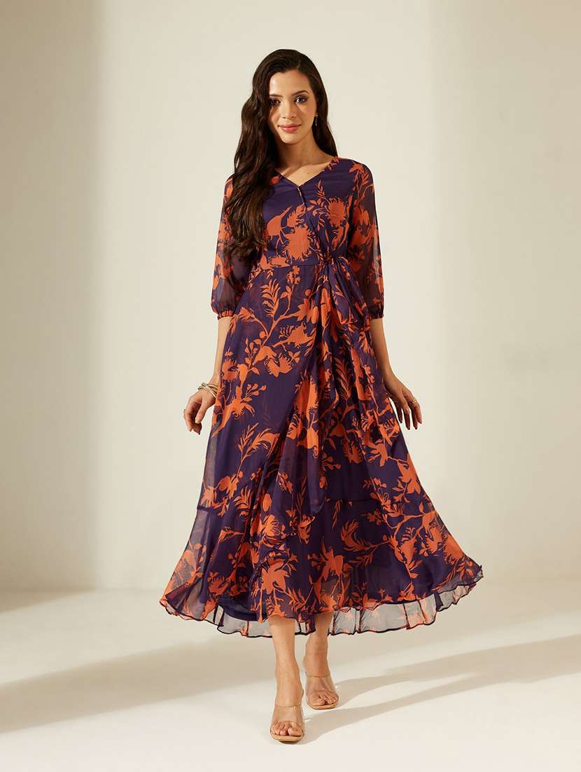 women printed three quarter sleeves tiered dress - 22587867 -  Standard Image - 1