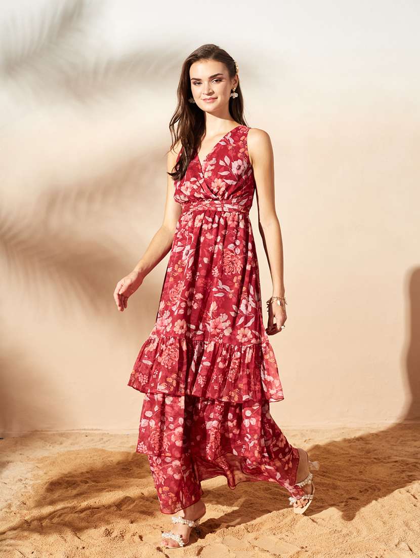 women printed sleeveless tiered dress
