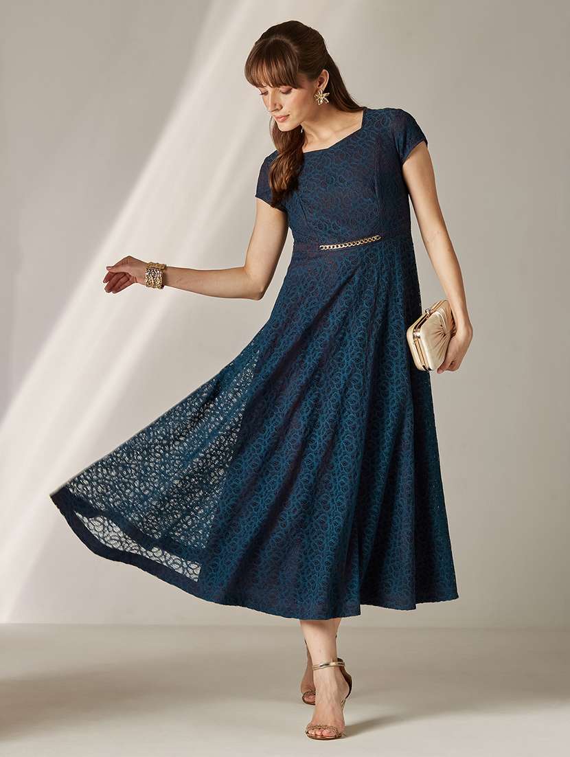 Women Self Design Cap Sleeves Fit And Flare Dress - 22587903 -  Standard Image - 4