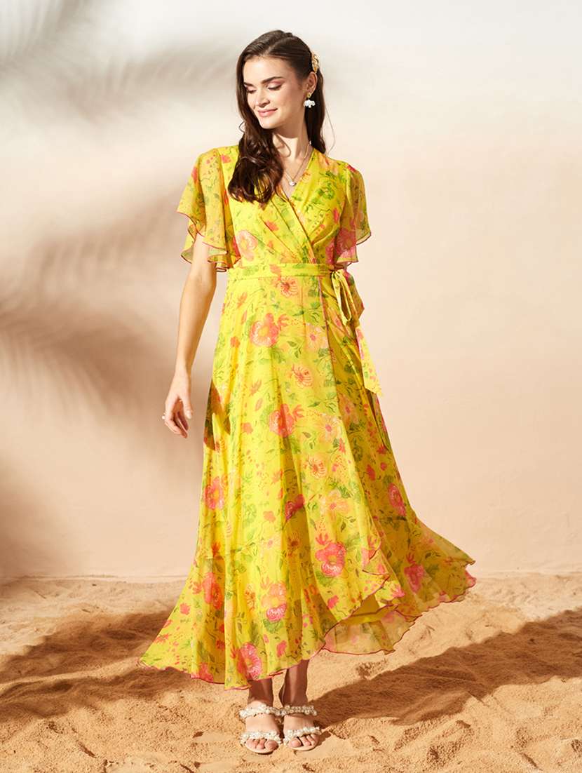 women printed flared sleeves wrap dress - 22587907 -  Standard Image - 1