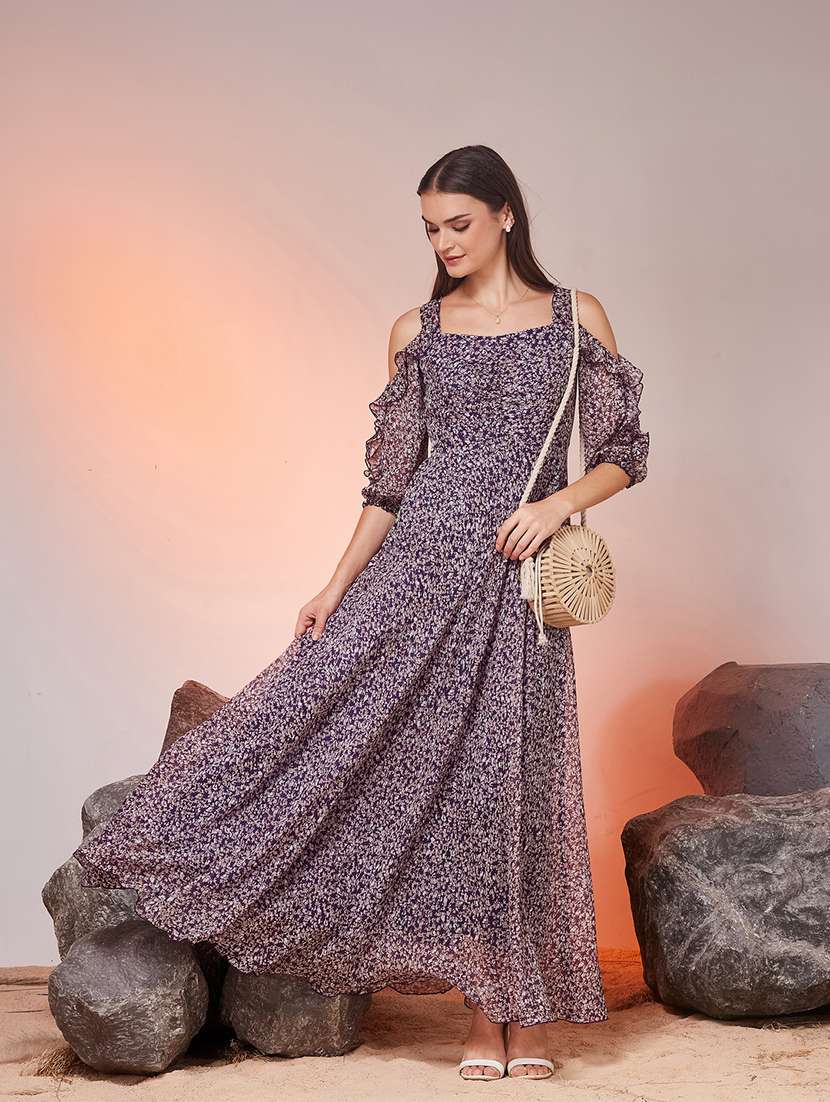 women printed cold shoulder fit and flare dress - 22587909 -  Standard Image - 4