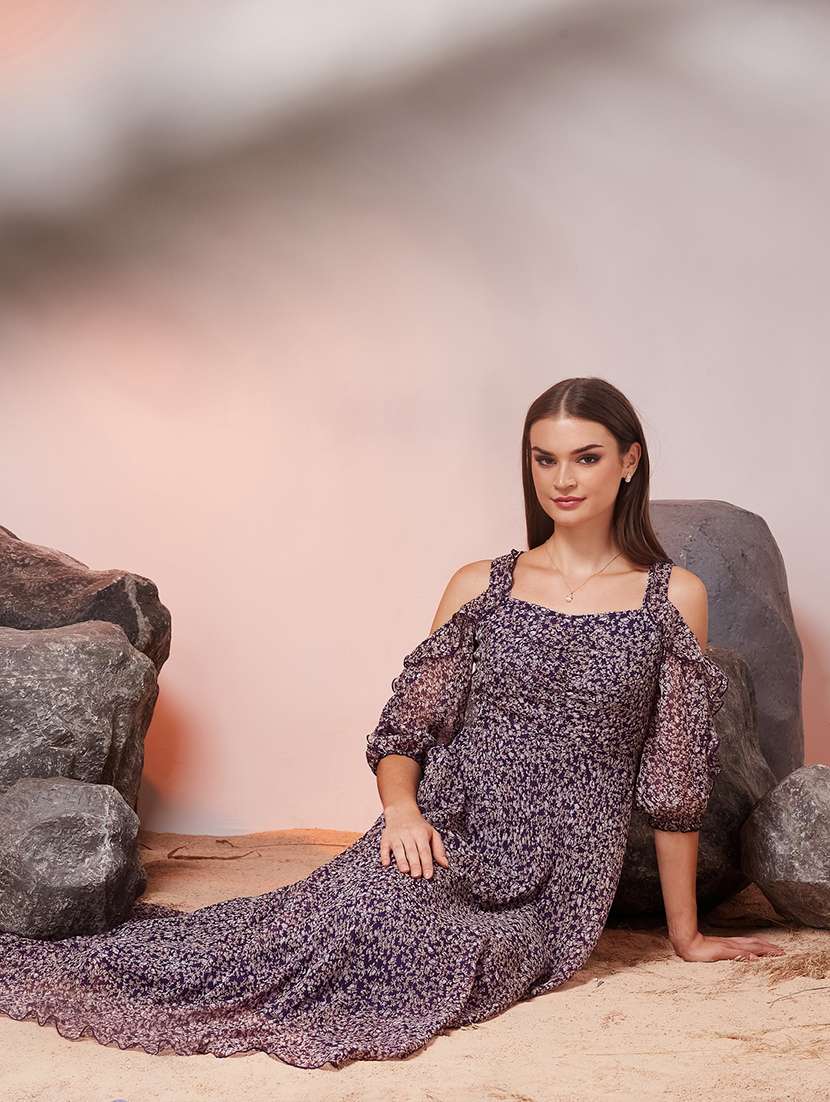 women printed cold shoulder fit and flare dress - 22587909 -  Standard Image - 6